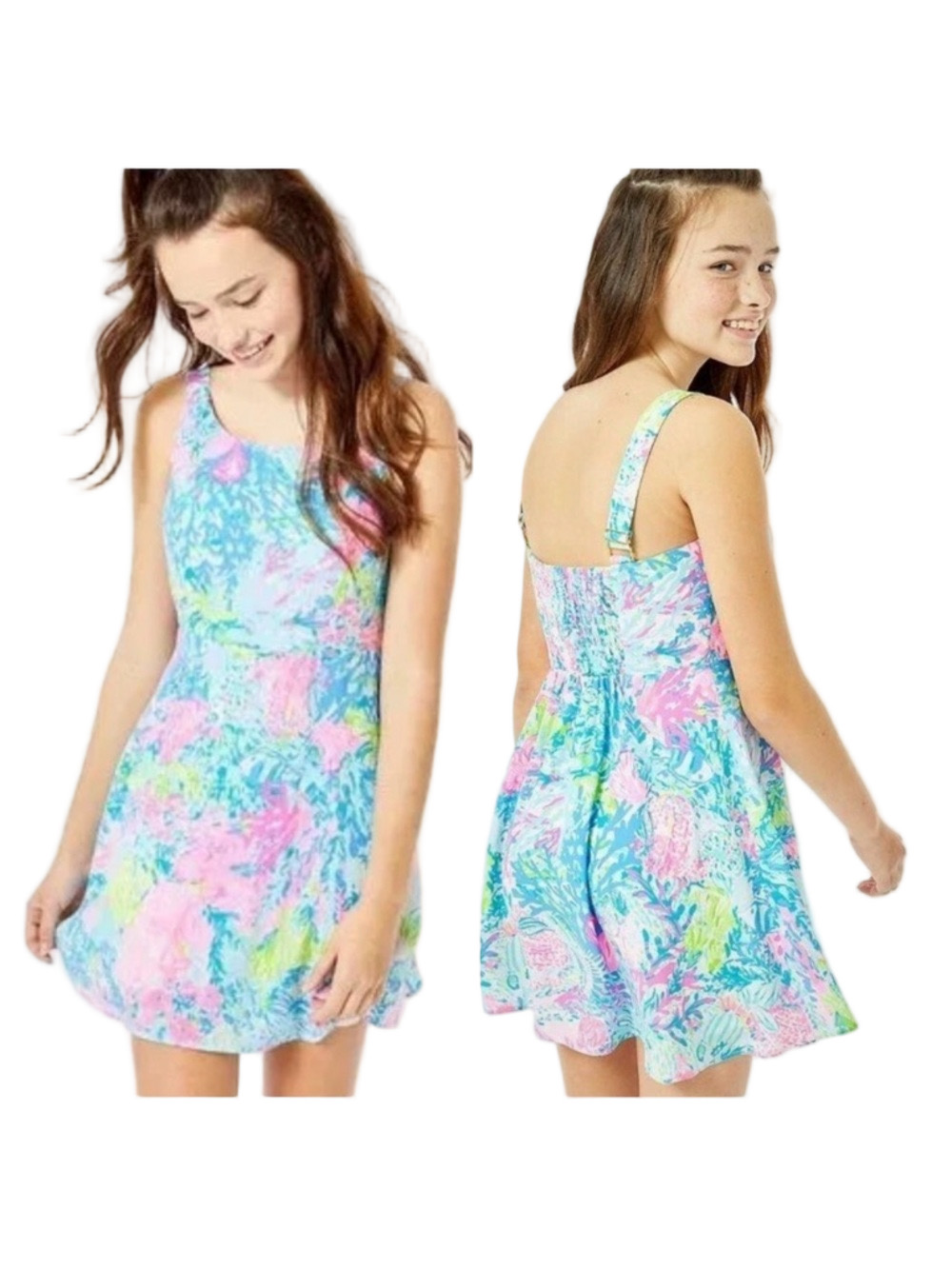 🦢Lilly Pulitzer Girls Tropical Print Sundress in Aqua, Pink, Lime size 12 GUC